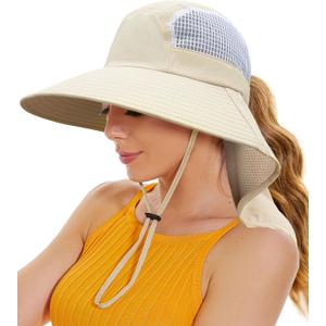 Sun Hats for Women UV Protection with Neck Flap Wide Brim Beach Hats with Ponytail Hole for Hiking Fishing Gardening Travel (Beige)