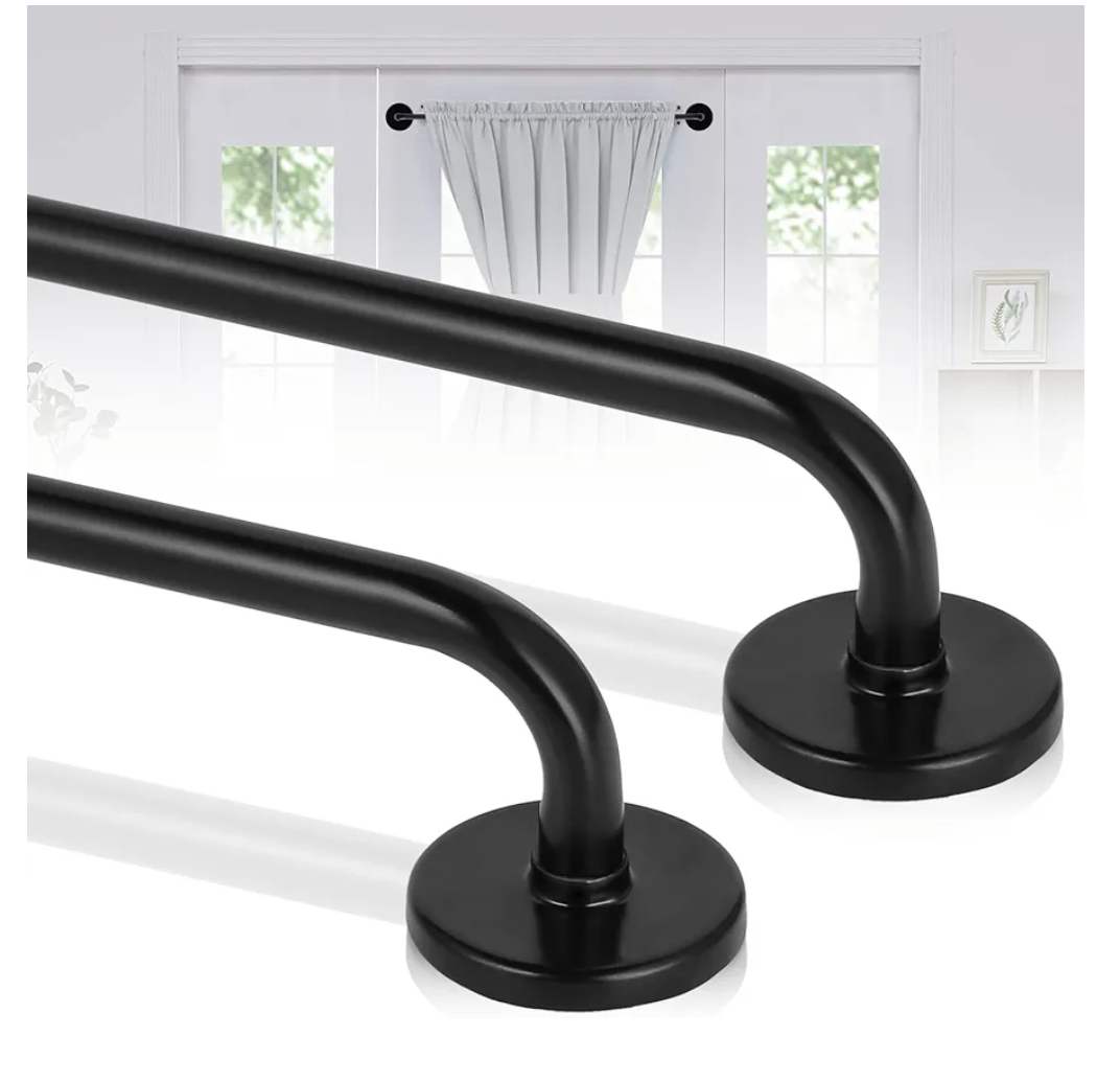 2 Pack Magnetic Curtain Rod for Metal Doors, French Door Curtain Rods Adjustable from 17 to 30 Inch, 3/8 Inch Diameter, Magnetic Cafe Curtains Rod, No Tool and Easy Installation, Black