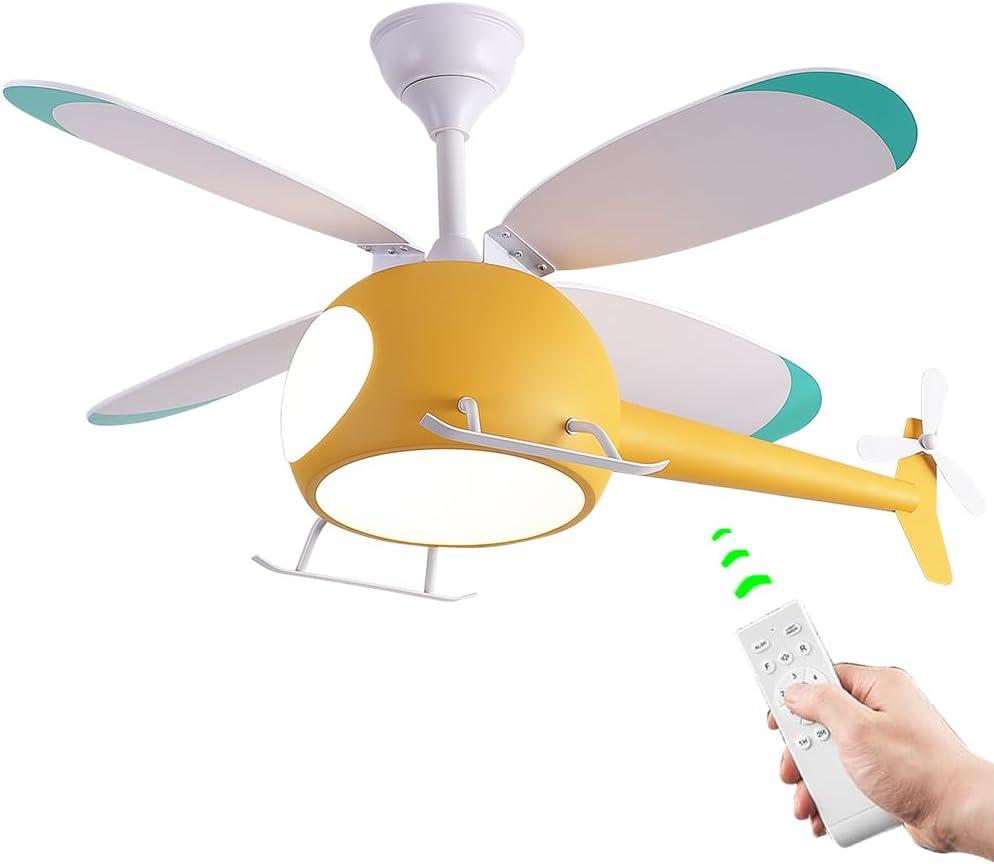 Children's Bedroom Ceiling Fan with lights,Remote control speed,Dimmable Kids Room Cartoon Ceiling Fan Lamp,Helicopter Model Teddy Bear Model Options Yellow, 42 inches x 19.6 inches