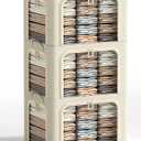 3 Opeings Large Clothes Storage Bins with Metal Frame, Foldable Storage Bin for Clothes, Clothing Storage Bins with Lid, Linen Storage Box With Clear Window Zippers Durable Handles.(3 Pcs,Beige,66L) (Large-(19.7 x 15.7 x 13)in)