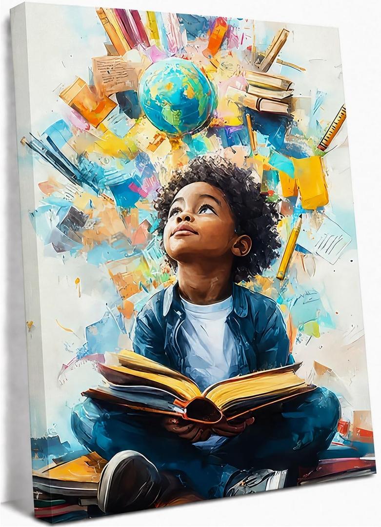 Black Boy Reading Canvas Wall Art Inspirational Books For African American Boys Painting Picture Wall Decor African Boy Poster Print Artwork for Teenagers' Living Room Study Home Decoration 16x24in