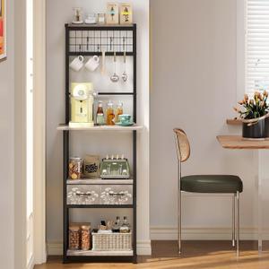 GiftGo Small Coffee Bar Station Narrow Corner Baker Rack Stand with 2 Storage Fabric Drawers 5 S Hooks for Small Spaces Farmhouse Bakers Rack for Kitchen, Entryway, Living Room (Grey, Narrow)