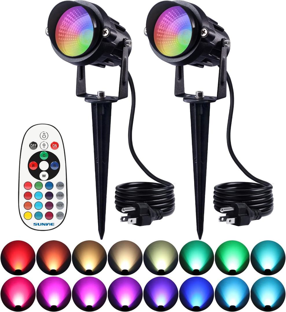 SUNVIE Christmas Spot Lights Outdoor 12W RGB LED Color Changing Landscape Lights with Remote Control 120V Landscape Lighting Waterproof Outdoor Spotlight for Yard Garden Patio Lawn Decorative, 2 Pack