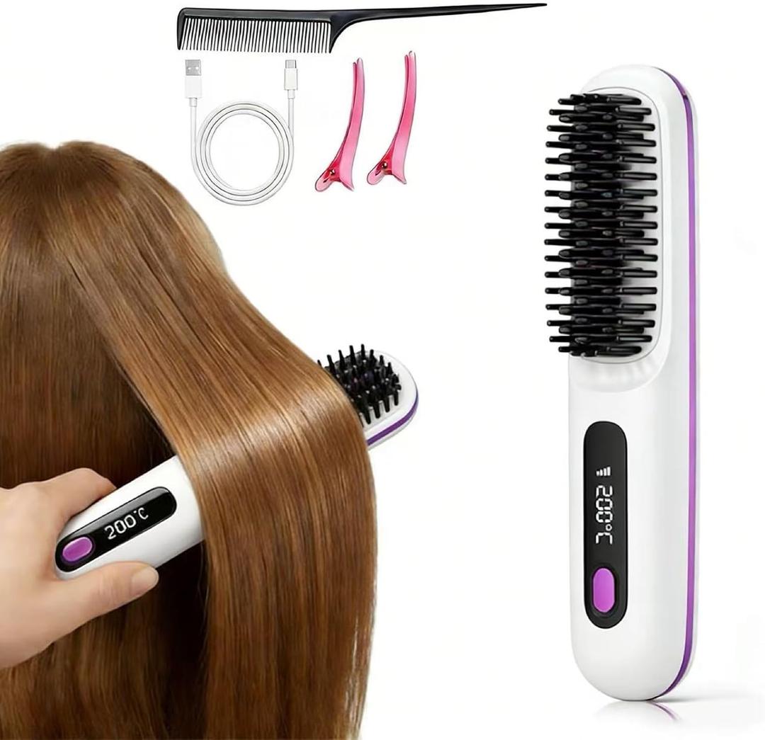 Cordless Hair Straightener Brush, Mini Travel Straightener Comb with 200 Million Negative Ions, 3 Temp Settings, 20s Fast Heating, Type-C Rechargeable Portable Hair Styling Tool for Women (White)