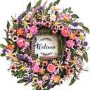 idyllic Spring Summer Wreath for Front Door - 22 Inch Artificial Floral Wreath with Roses, Wild Flowers, Leaves & Welcome Board - Farmhouse Indoor/Outdoor Wall Decor