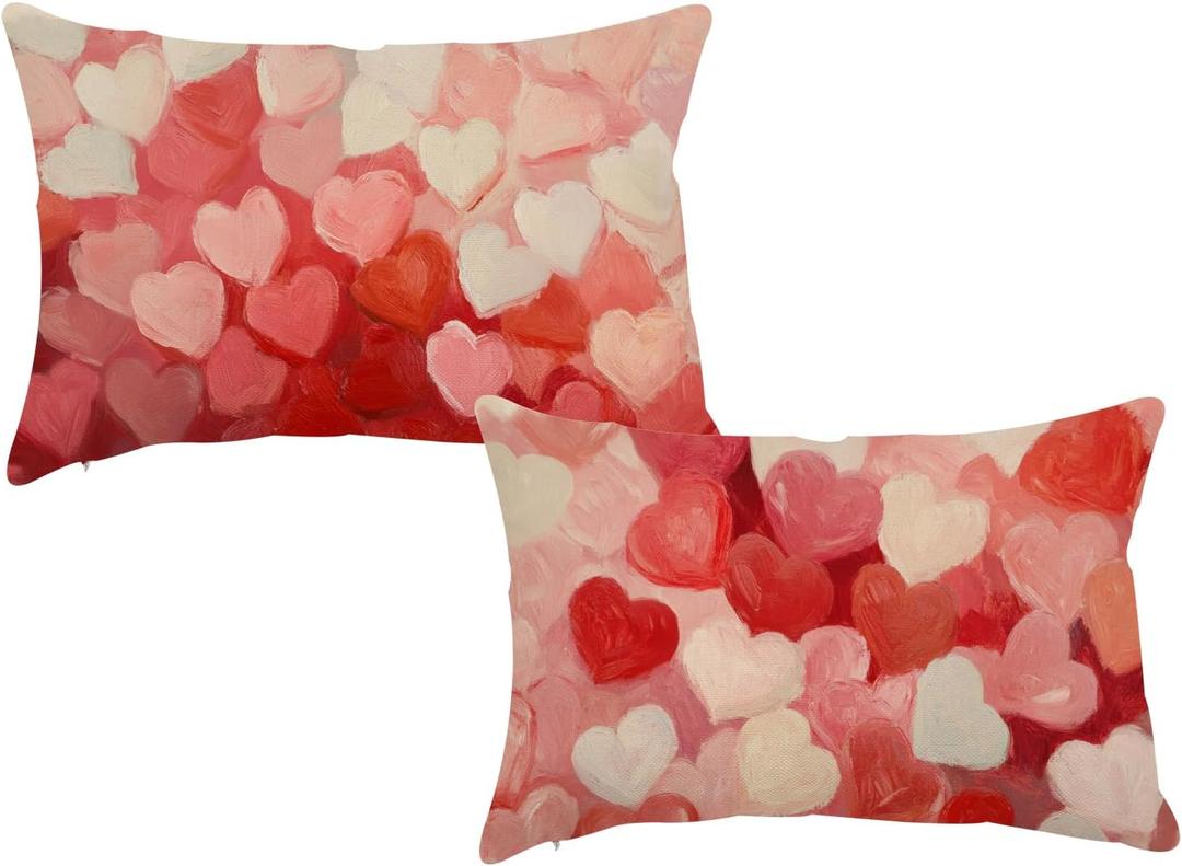 2 x Valentines Lumbar Pillow Covers 12x20 Inch Set of 2 Red Pink White Heart Love Throw Pillow Cases Valentine's Day Home Decorative Cushion Covers for Sofa Couch Bed Decor Wedding Anniversary