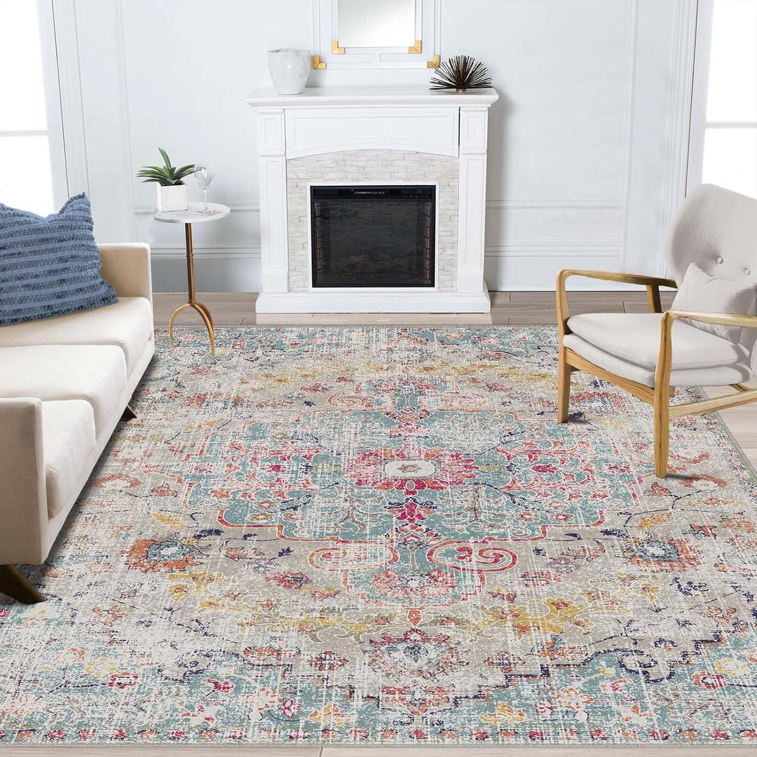 Washable Area Rugs 8x10 Teal Beige