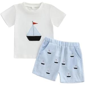 Gueuusu Toddler Baby Boy Summer Outfit Sailboat Embroidery Short Sleeve T Shirt Striped Shorts Set Infant Beach Clothes 18-24 Months