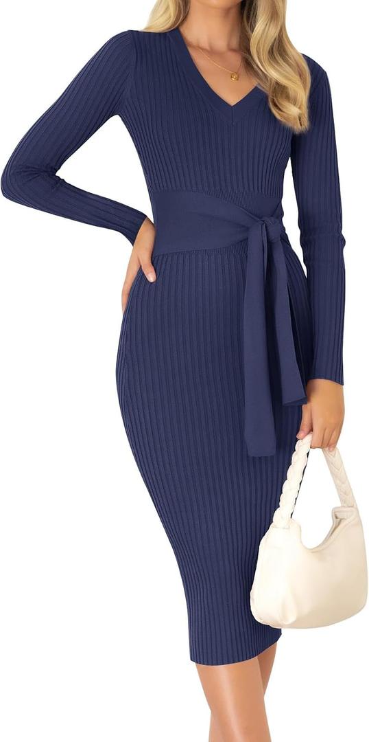ZESICA Women's 2026 Spring Sweater Dress V Neck Long Sleeve Ribbed Knit Tie Waist Bodycon Slim Fit Midi Dresses (Blue, S)