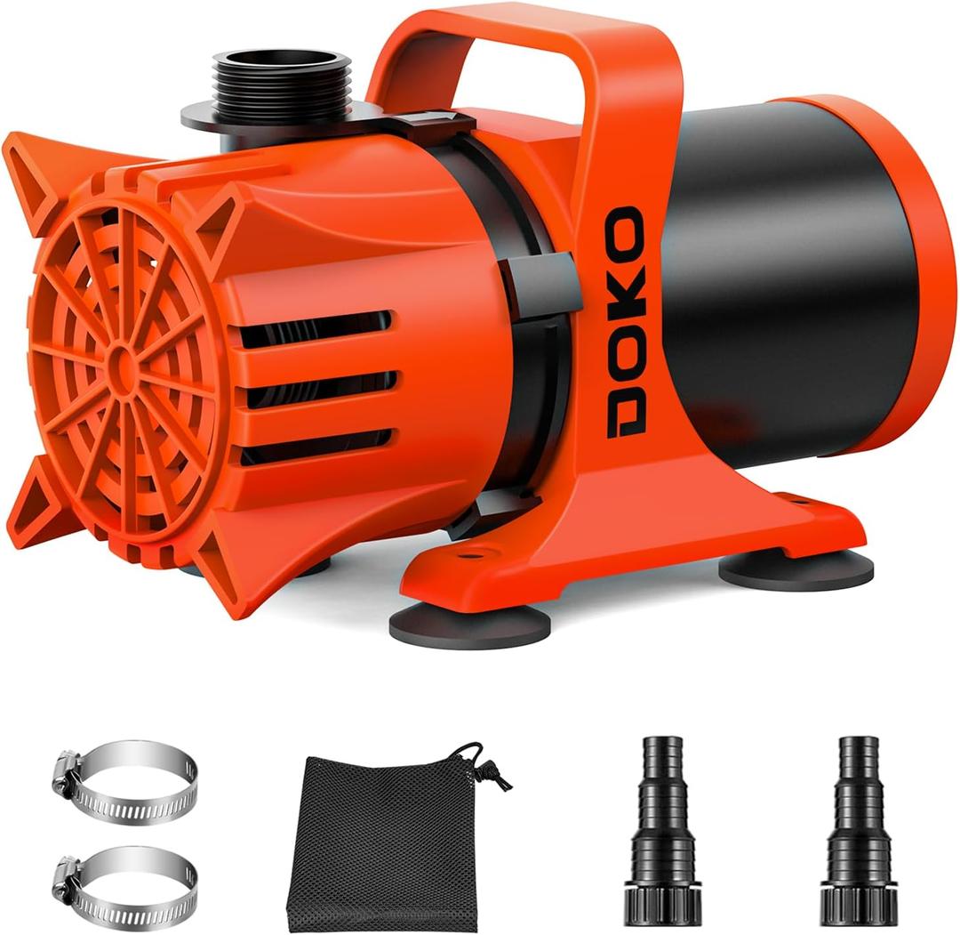 DOKO 1800GPH Submersible Water Pump, 180 Ajustable Pond Pump with 20FT Power Cord 100W Ultra Quiet Pond Pump for Outdoor, Fountain, Waterfall, Fish Tank, Hydroponic, Statuary, Orange Black