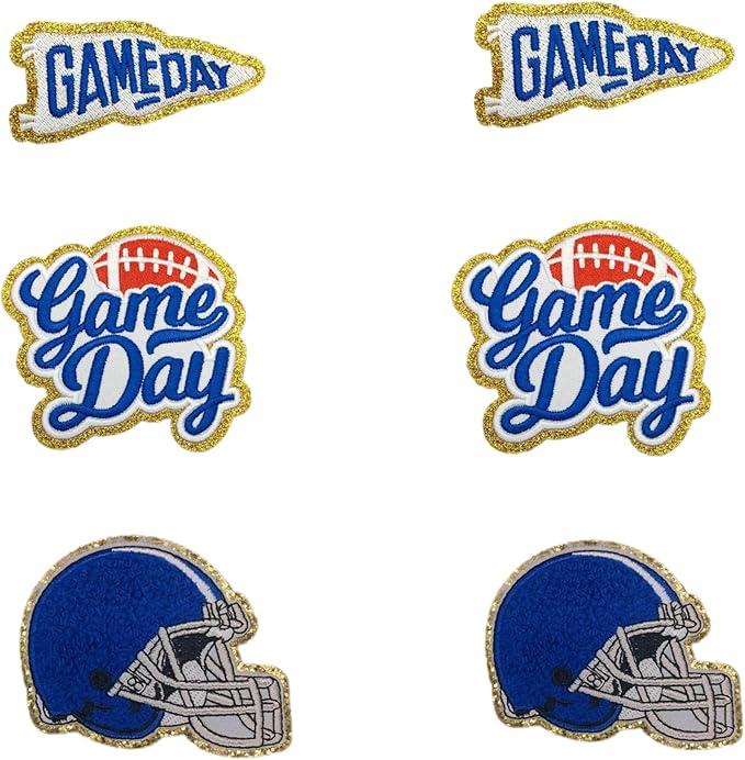 Game Day Embroidered Iron-On Patches Football Helmets Logos Embroidery Patch Chenille Applique Garments for DIY Clothing Jacket Backpack Hat Bag Decor (Blue 4 pcs)