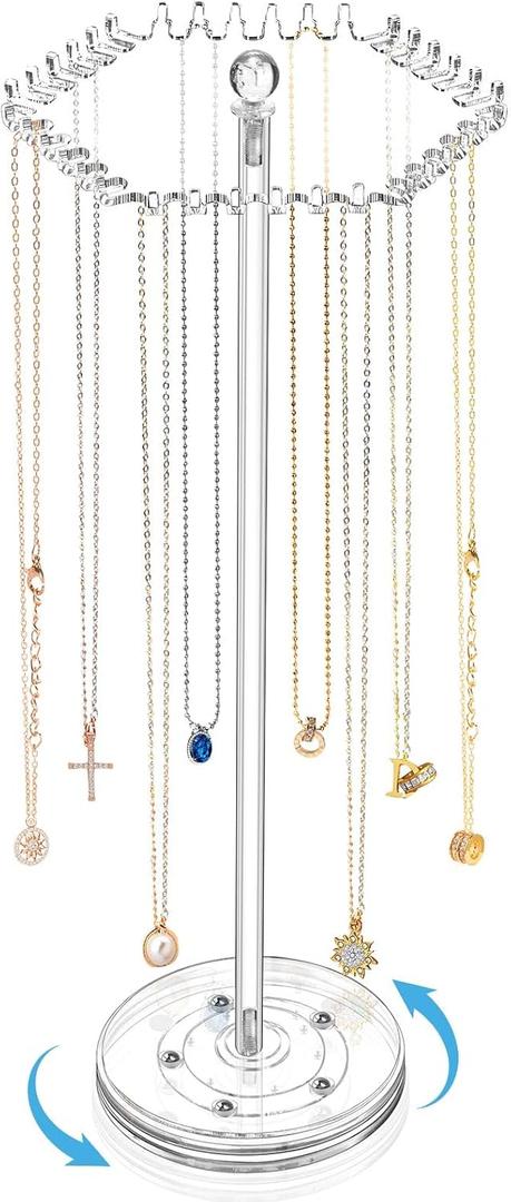 3 x OAOLEER Acrylic Necklace Holder Stand, Rotating Jewelry Organizer Display Tree Hanger Rack with 36 Hooks for Necklaces, Chain, Pendant, Bracelets, Ring (Tall 15.7 In)