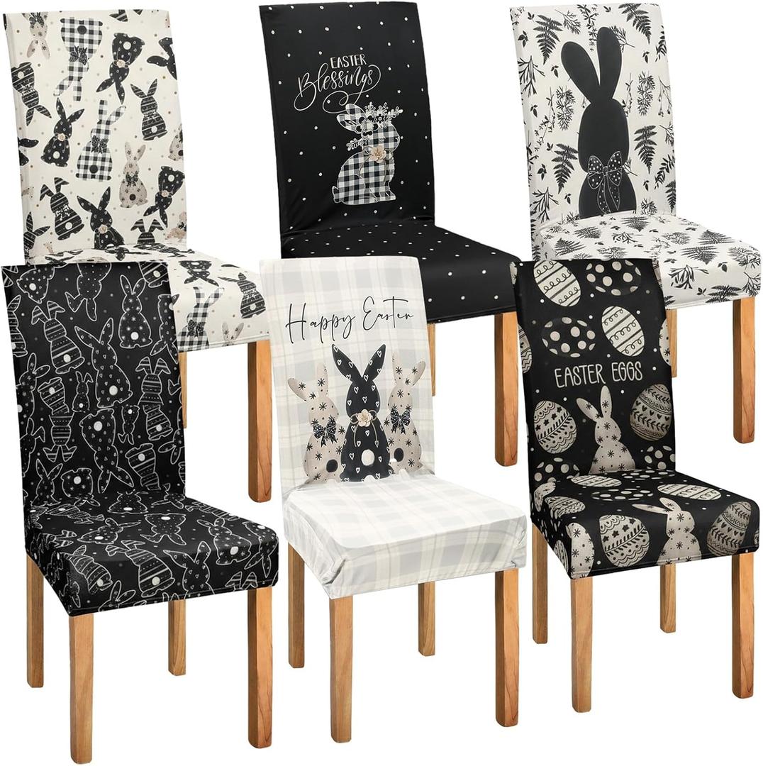 Mindsoft 6 Pcs Easter Chair Covers Print Hunt Eggs Bunny Removable Seat Covers Protector Rabbit Washable Stretch Spring Slipcovers for Easter Spring Hotel Restaurant Party Banquet