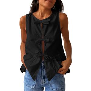 BAIGRAM Women Trendy Bow Tie Front Babydoll Tank Tops Sleeveless Peplum Ruffle Blouse Tie Up Summer Casual Dressy Tunic Black, Large BAIGRAM Women Trendy Bow Tie Front Babydoll Tank Tops Sleeveless Peplum Ruffle Blouse Tie Up Summer Casual Dressy Tunic Black, Large