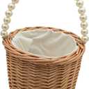 Rustic Wicker Rattan Wedding Flower Girl Baskets,Woven Rattan Storage Basket with Pearl Handles,Woven Eggs Candy Basket for Wedding Home Garden Decor (B)