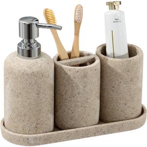 Bathroom Accessories Set, Bathroom Organizer Countertop, Soap Dispenser and Toothbrush Holder, Mouthwash Cup, Tray Set, Vanity Tray for Bathroom, 4 Pieces Modern Decor (Beige)