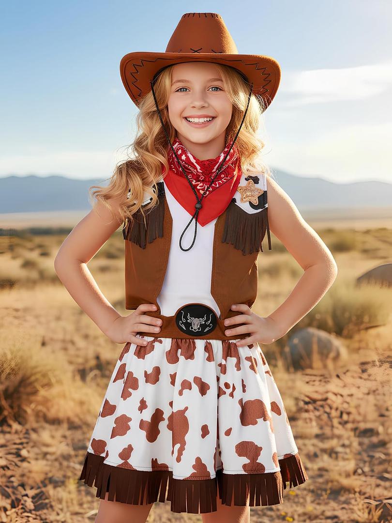 Nuehoryu Cowgirl Costume for Girls Brown Western Outfit for Kids Halloween Party Dress Up with Cowboy Hat and Bandanna (9-10 Years)