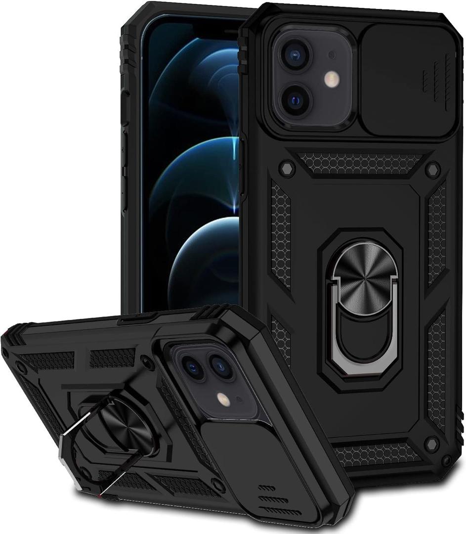 Phone Case for iPhone 12 with Camera Lens Cover HD Screen Protector,Military Grade Ring Car Mount Kickstand Hybrid Hard PC Soft TPU Shockproof Protective Black