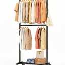 Standard Clothes Garment Rack, Portable Double Clothing Rack with Wheels and Bottom Shelf, Rolling Wardrobe Rack for Bedroom, Laundry Room, Black