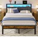 Queen Size Bed Frame with 2-Tier Storage Shelves Headboard, Platform Bed with Charging Station, LED Lights No Box Spring Needed Noise Free