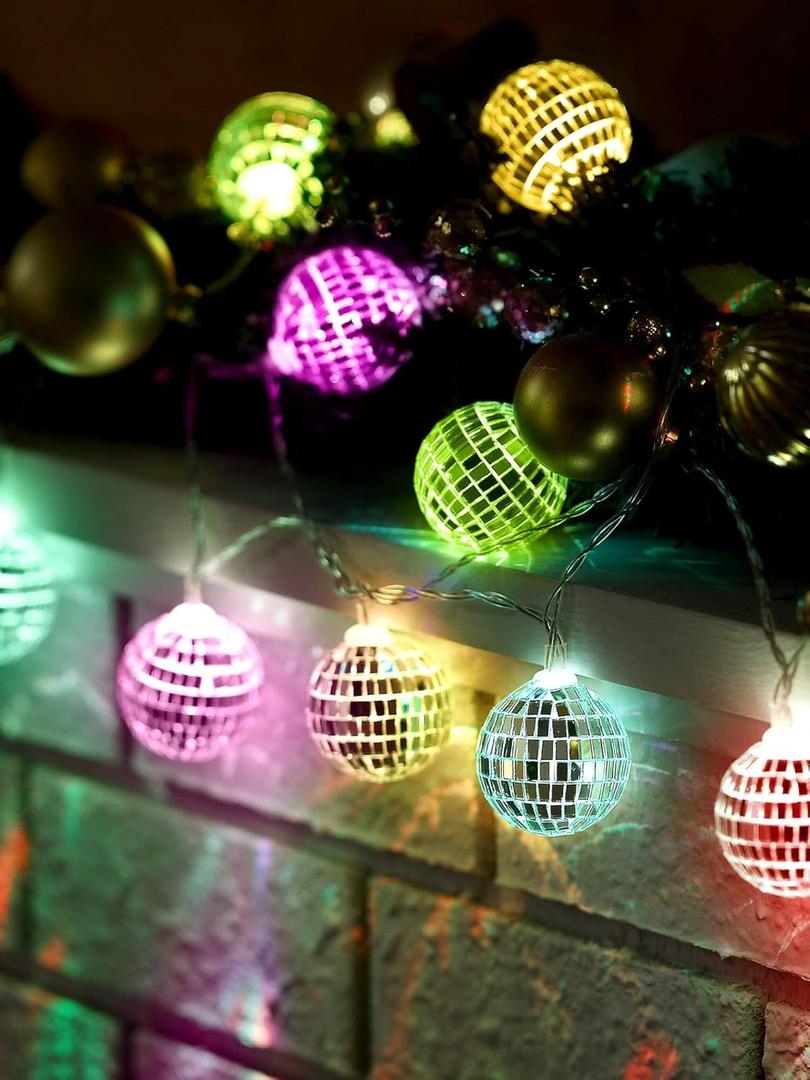 BBTO LED Disco Ball String Light Battery Powered Mirror Balls Ornaments for Outside Backyard Porch 70s 80s Disco Party Supplies(9.84 ft Long,Multi Color)