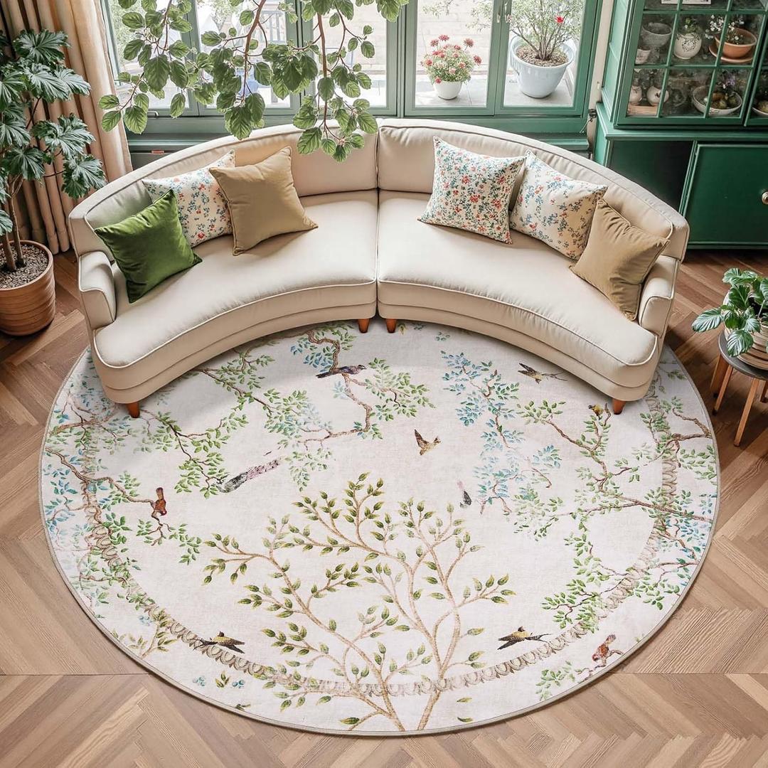 jinchan Yarden Round Rugs 8ft Ivory Botanical Birds Print Machine Washable 8' Circle Nature Plants Modern Soft Non Slip Kids Throw Area Rugs Ultra Thin Low Pile Carpet for Living Room Bedroom