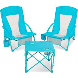 Folding Beach Chair Set of 3, Portable Camping Chairs with Table, Carrying Bag, Cup Holders, Outdoor Breathable Mesh Seat, 225lbs Heavy Duty Beach Chair for Camp Sand Travel Sunbathing