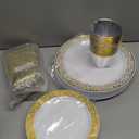 150 Count Gold Plastic Dinnerware Set, Elegant Disposable Include: 25 Gold Lace Plastic Plates, 25 Dessert Plates, 25 Forks, 25 Knives, 25 Spoons, 25 Cup, Ideal for Party, Birthday