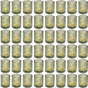 Maxdot 48 Pack Green Glass Votive Candle Holders 2.1 x 2.6 Inch St. Patrick's Day Tea Light Candleholder Bulk Xmas Glass Tealight Candlestick Holders for Table Centerpiece Home Wedding Party Decor