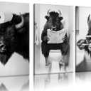 Funny Bison Bathroom Wall Art - 3 Piece Black and White Buffalo on Toilet Canvas Prints, Humorous Animal Pictures for Restroom Decor, 16x24 Inch Framed, Unique White Elephant Gift