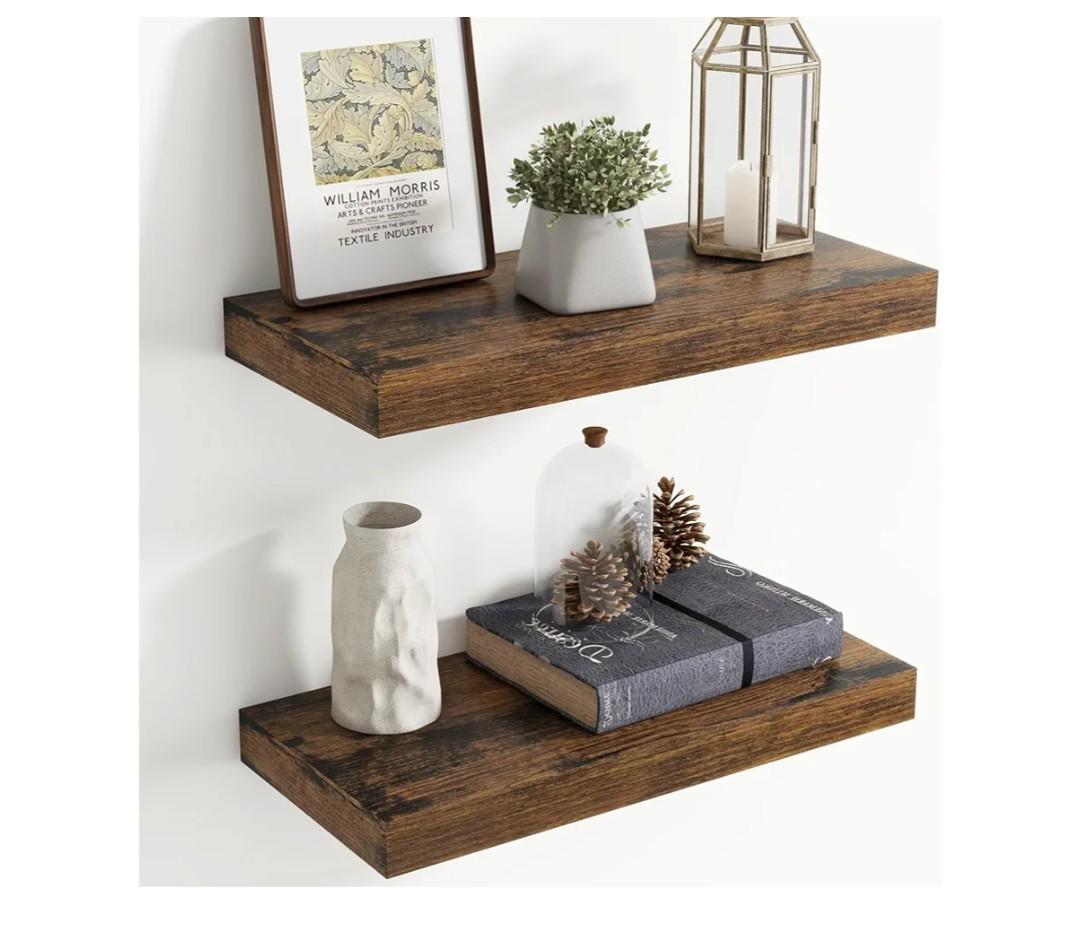 20 Inch Floating Shelves for Wall, 8 Inch Deep Floating Shelf for Storage & Display, Wall Mounted Shelf with Invisible Brackets for Living Room, Kitchen, Bathroom, Home Decor, Set of 2, Rustic Brown