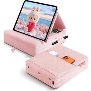 Tablet Pillow Stand with Storage, Foldable iPad Holder for Lep, Bed, Sofa, and Desk - Soft Pad Dock with Pocket and Stylus Mount Compatible with 4-13" iPad Pro/Air/Mini, Galaxy Tab, Kindle (Pink01)