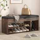 Apicizon 39 Inches Storage Bench with Padded Cushion, Shoe Bench with Storage Space, Upholstered Entryway Bench for Living Room, 2-Tier Shoe Rack Organizer, Brown