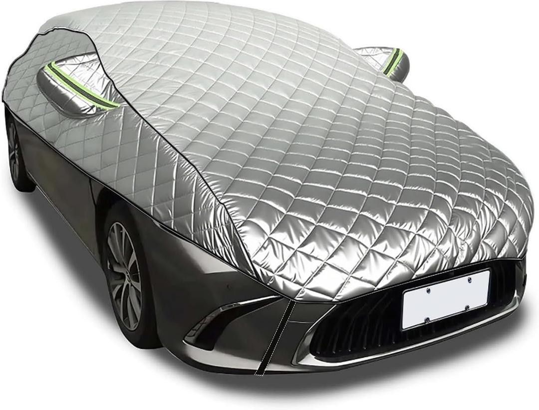 Hail Protection Car Cover Half Cover,5-Layer Heavy Duty Waterproof 210T Taffeta with Double Cotton Padding,Sun UV Rain Snow Resistant,fit Hatchback,Sedan and SUV with Lengths from 4.3 m-4.5 m,Silver