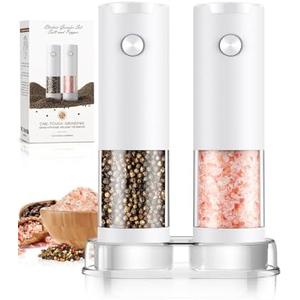 Electric Salt and Pepper Grinder Set Automatic Battery Pepper Mill Shakers Adjustable Coarseness Easy Filling Upgraded Larger Capacity with Led (2 Pack White/White）