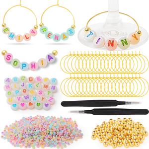 60 Sets DIY Glass Charms 780 Letter Beads 120 Gold Beads 60 Charm Rings 2 Tweezers, Drink Identifier Charms Glass Marker Tags for Wedding Cocktail Bachelorette Party Decoration (Luminous)