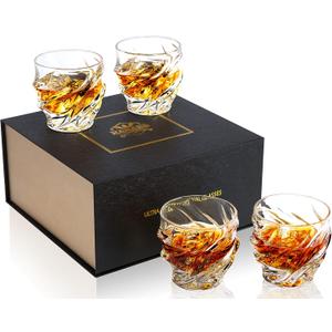 KANARS Whiskey Glasses for Men, 9 Oz Crystal Bourbon Glass Set of 4, Old Fashioned Rocks Barware for Scotch Cognac Vodka Cocktail Rum, Whisky Gifts Set for Valentine's Day Birthday Retirement