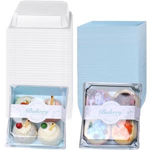 50 Pack Paper Charcuterie Boxes, 5.3x4.9x2.5 Inches Square Disposable Food Containers, Bakery Boxes with Clear Secure Lids for Sandwich Slice Cake Cookies (Blue)
