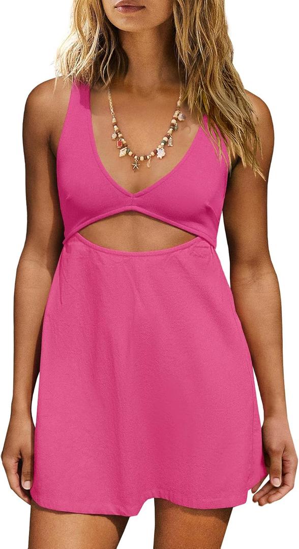 ReachMe Womens Cut Out Dresses Short Sleeveles Mini Dress Summer V Neck A Line Dresses Beach Vacation Dress (Pink, L)