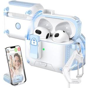 MHYALUDO for AirPods 3rd Generation Case Cover, Compatible with Magsafe, Magnetic Automatic Lock, Charging Port Dust-Proof & Stand Design with Cleaning Kit, Blue/White