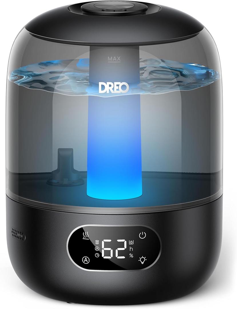 Dreo Humidifiers for Bedroom, 3L Top Fill 30H & 26dB Quiet Runtime for Large Room, Cool Mist Ultrasonic Humidifier with Humidity Sensor, Night Light for Home, Baby, Nursery, Plants, 360 Nozzle, Black