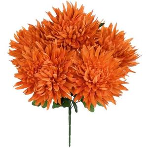 Hollyone Orange Artificial Mums for Outdoors Fall Fake Mums Bush 5 Heads Silk Chrysanthemum Flowers Bouquets Autumn Faux Spider Mum Flower Large Floral Arrangements Fall Decorations for Home