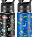 2 Pack Kids Water Bottle,14 Oz Stainless Steel Water Bottle with Straws, Leak-Proof, BPA-Free, Insulated Water Bottles for School Boys & Girls|Black Car + Blue Dinosaur