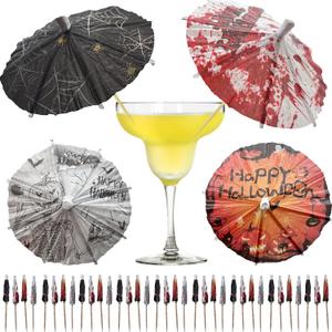 200 PCS Halloween Drink Umbrellas Cocktail Picks Halloween Fruit Toothpicks Drinking Umbrellas Cupcake Topper Sticks Cocktail Drink Accessories for Halloween Party Appetizers Restaurant Decorations