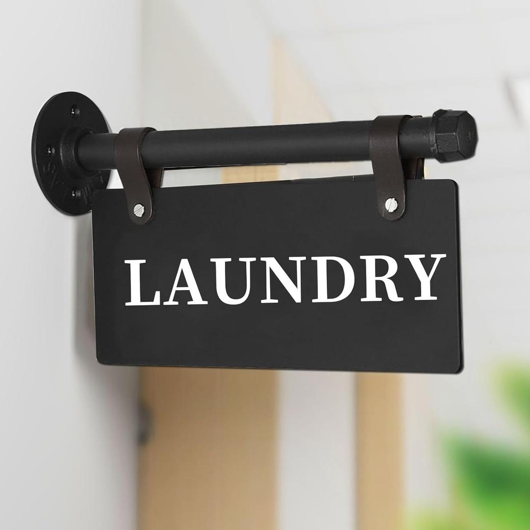 Laundry Metal Door Sign 11" x 6" Wall-Mounted Hanging Laundry Sign for Laundry Room Double-Sided Laundry Room Wall Art Decor with Bracket Modern Laundry sign for House, Apartment, Hotel(LAUNDRY - BLACK)