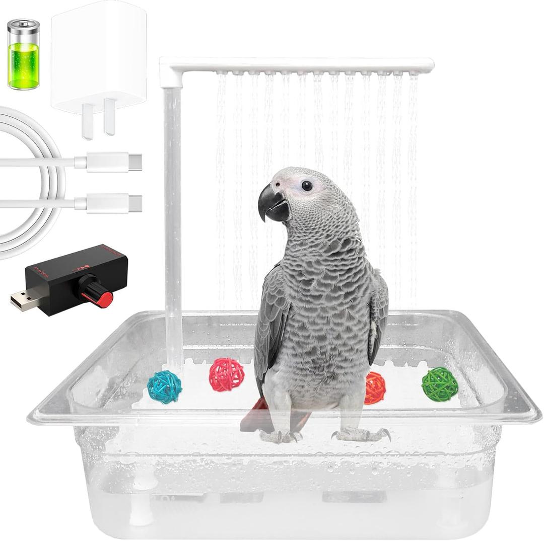 Parrot Bathtub Bird Automatic Bath Shower with Water Pressure Controller and Double Tube Contains USB and Power Plug for Medium Birds African Grey Amazon Conure Parakeet Cockatiel Lovebird