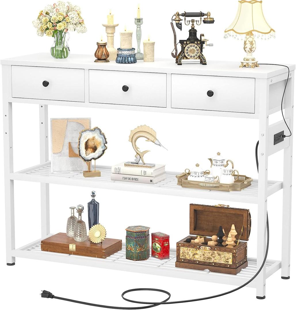 Ecoprsio 47'' Entryway Table with Outlets and USB Ports, Console Table with 3 Drawers, Sofa Table Narrow Long with Storage Shelves for Living Room, Couch, Hallway, Foyer, Kitchen Counter, White Ecoprsio 47'' Entryway Table with Outlets and USB Ports, Console Table with 3 Drawers, Sofa Table Narrow Long with Storage Shelves for Living Room, Couch, Hallway, Foyer, Kitchen Counter, White