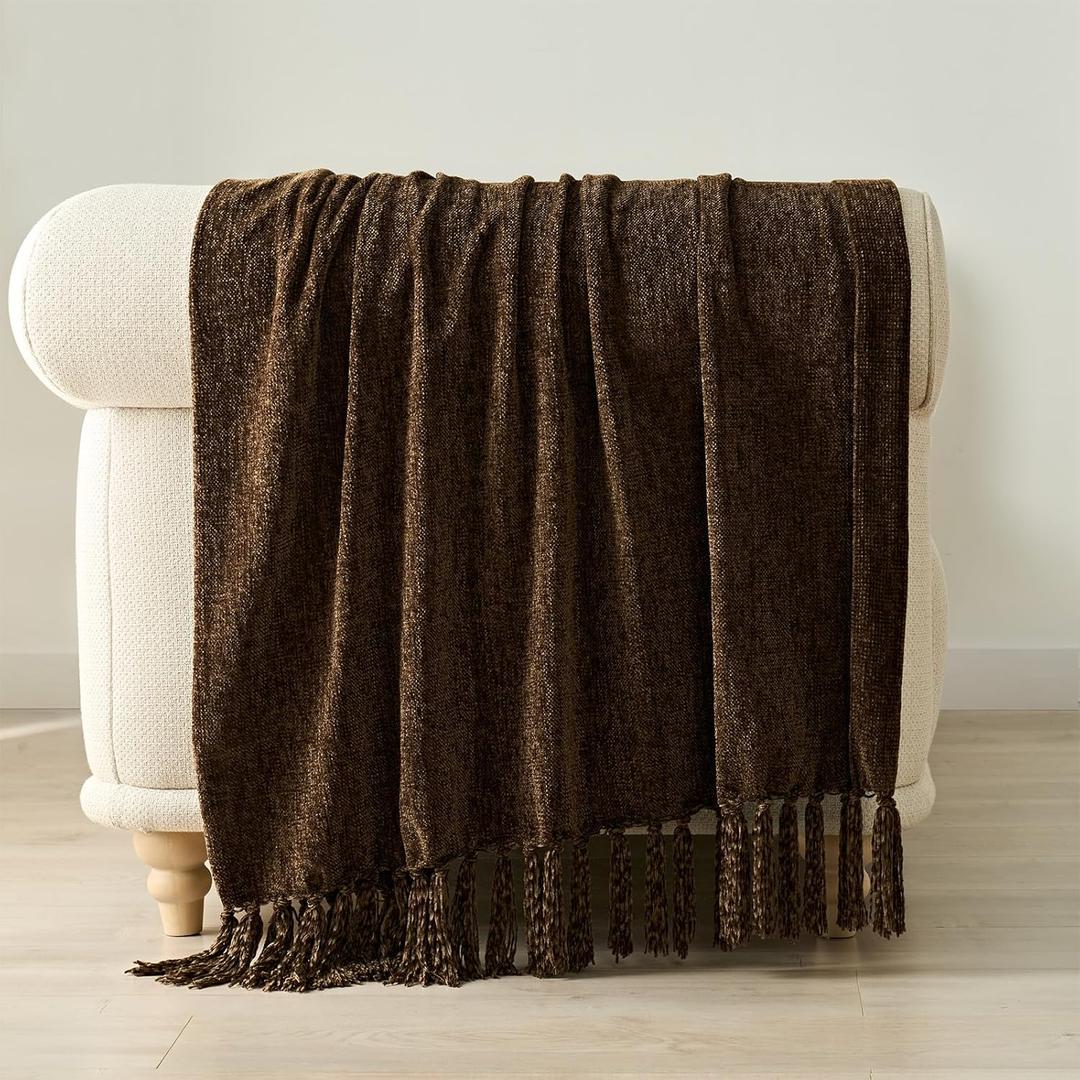 EVERGRACE Soft Chenille Throw Blanket for Couch, Cozy Plush Fuzzy Decorative Chenille Knit Throw Blanket with Tassels, Lightweight Blanket and Throws for Bed Sofa Gift Home Decor, Dark Brown 50"x60"