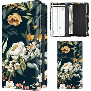 Checkbook Cover for Personal Checkbook, Cute PU Leather Check Book for Women & Men, Slim Checkbook Holder with Pen Holder and Built-in Clear Plastic Divider Dark Floral Lily