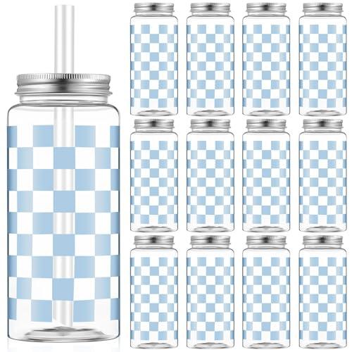 Patelai 12 Pack Light Blue Gingham Cups 13.5 oz Clear Blue Checkered Plastic Cups with Lid and Straw Reusable Plastic Plaid Tumbler for Baby Shower Wedding Birthday Bachelor Party Supplies